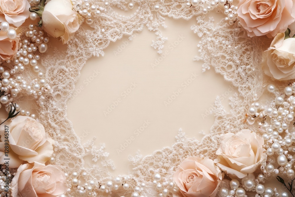 Fototapeta premium Elegant wedding background featuring lace, pearls and pastel roses creating a romantic frame, ideal for wedding invitations or announcements