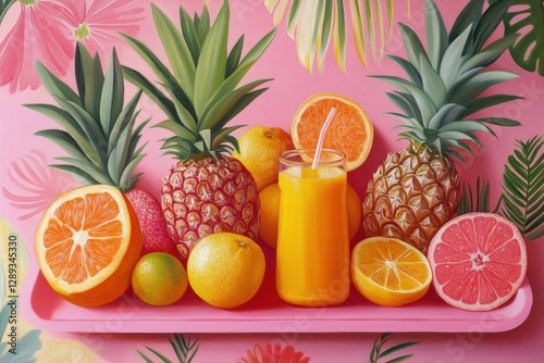 Tropical fruits and juices on a pink tray 