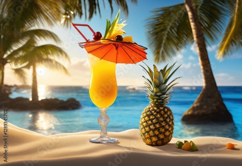 vibrant tropical beverage served elegant glass accented umbrella refreshing summer vibes, drink, cocktail, refreshment, colorful, sweet, delicious, fruit