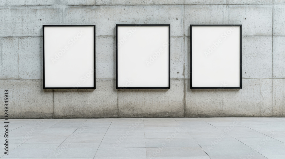 Gallery style display featuring three sleek black frames hanging against stark grey stone wall, emphasizing minimalist design and contemporary artistic aesthetic Gallery style display featuring three sleek black frames hanging against stark grey stone wall, emphasizing minimalist design and contemporary artistic aesthetic