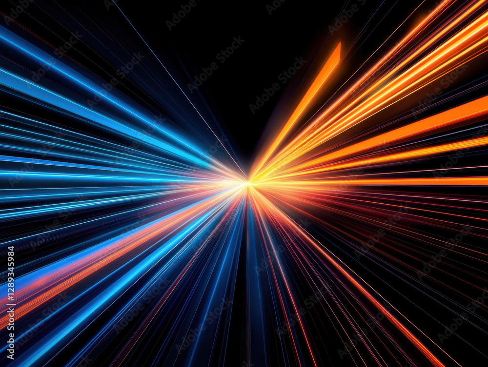 Fototapeta premium Abstract digital art depicting vibrant streaks of light converging at a vanishing point. The glowing lines create a sense of speed and movement against a dark background. A grid pattern is subtly vis