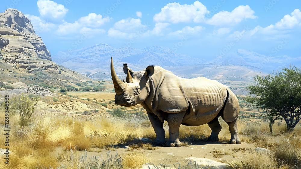Fototapeta premium Rhino standing in arid landscape, mountains background, conservation awareness