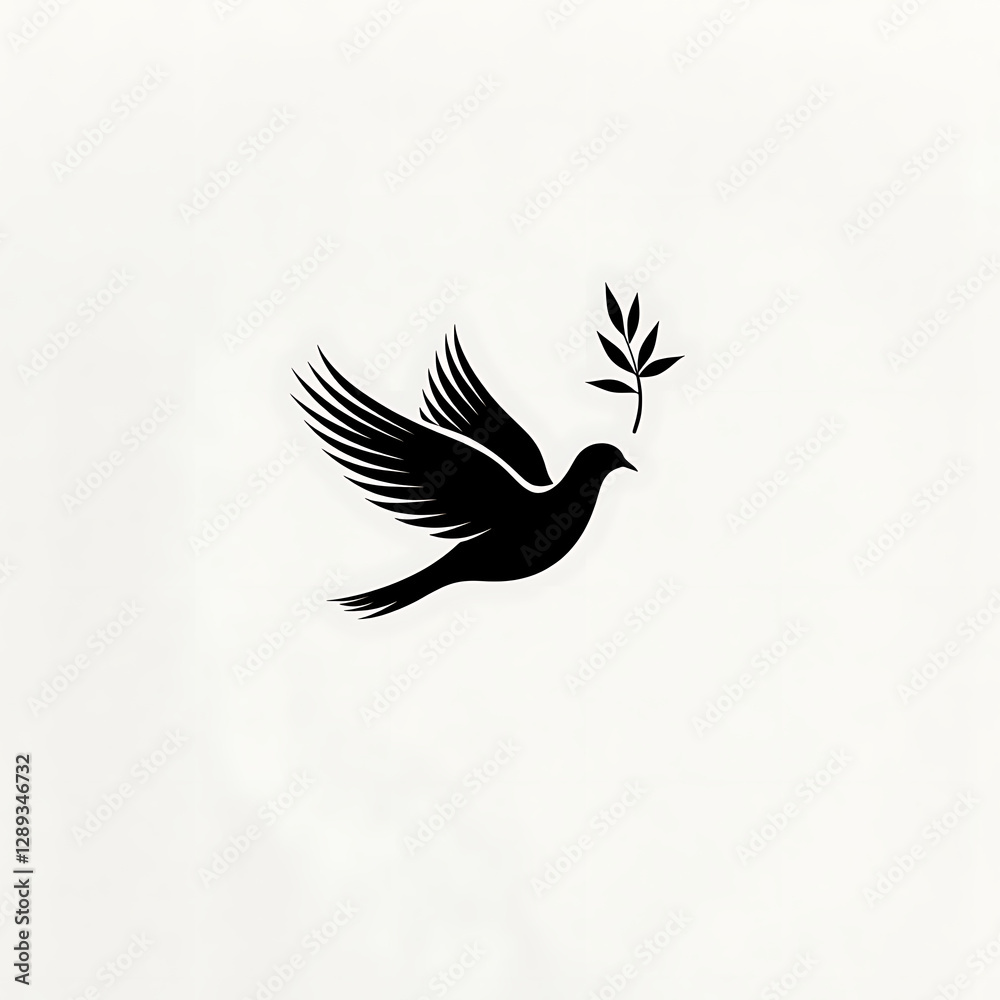 Obraz premium Black Flying Dove Silhouette Holding Olive Branch Isolated On White