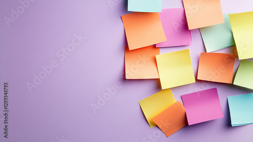 Pastel sticky notes clustered on soft lavender background, highlighting creative workplace organization and note taking strategy