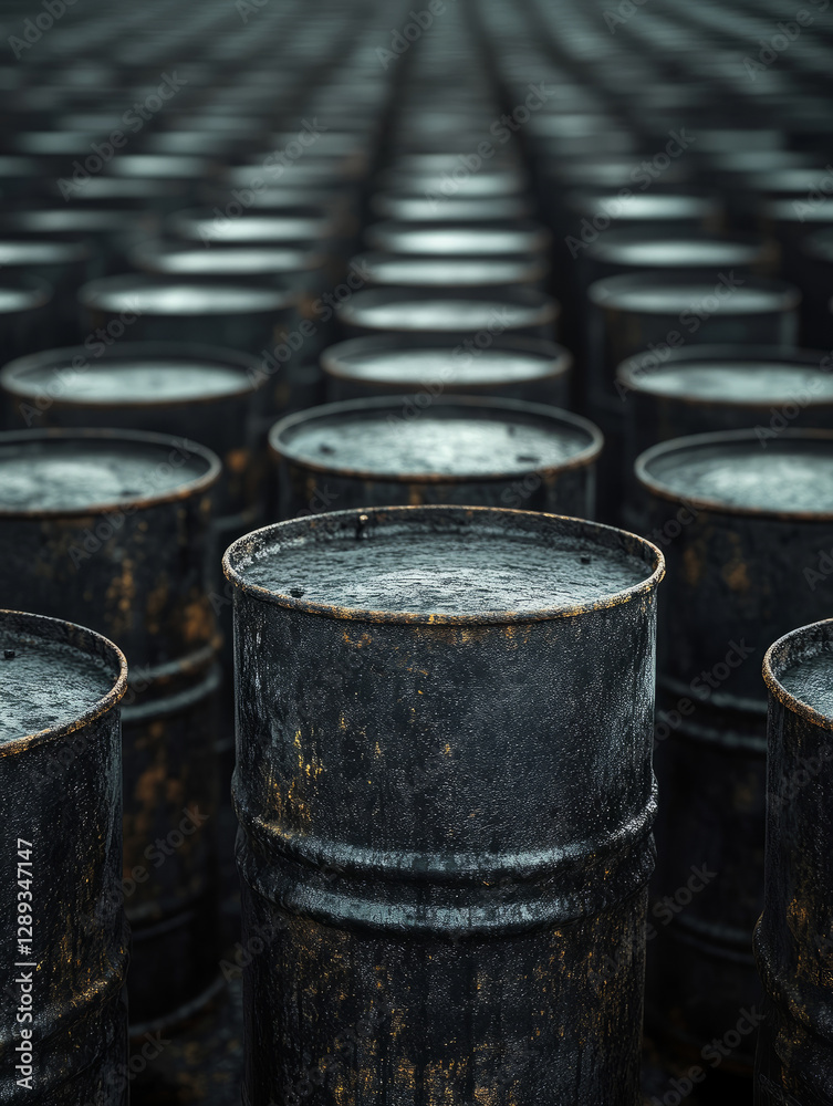 Rows of industrial oil barrels in a warehouse. Rows of industrial oil barrels in a warehouse.
