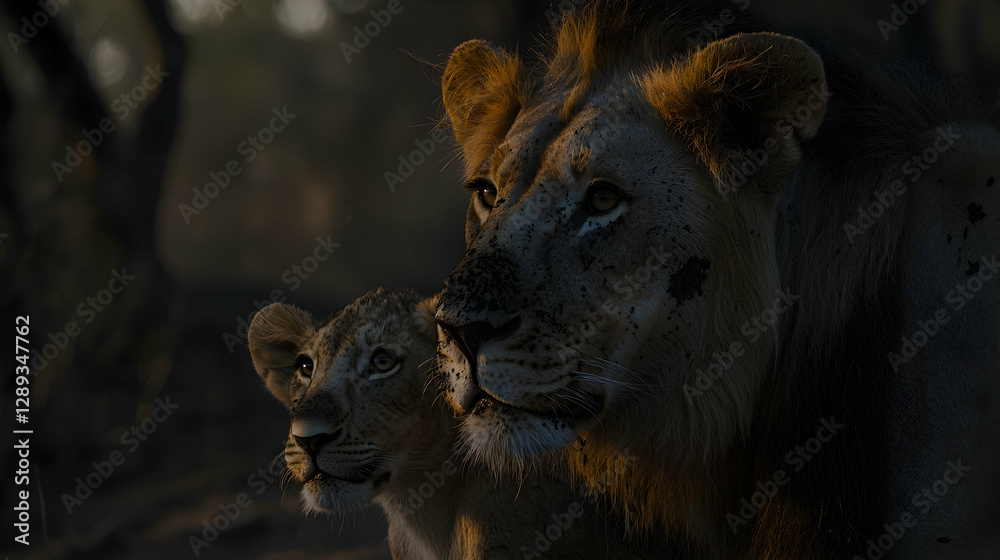 Naklejka premium Majestic lion and cub watching sunset in African savanna; wildlife documentary shot
