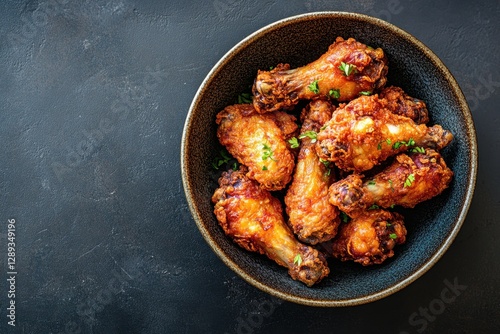 A bowl of crispy fried chicken wings on a dark textured surface, perfect for a savory meal.
