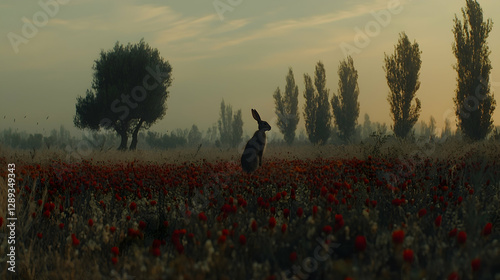 Hare silhouetted in dawn's poppy field, tranquil landscape, wildlife documentary photo