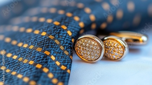 Elegant Cufflinks and Silk Tie Resting on a White Shirt Collar with Fine Details. Generative AI photo