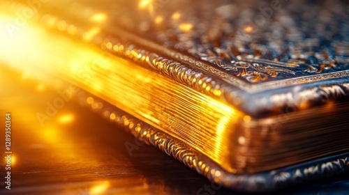 Close-up of a Vintage Book with Intricate Gold Details and Soft Light. Generative AI photo