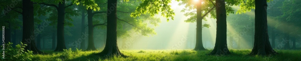 Misty forest with tall trees and dappled sunlight filtering through leaves, mist, greenery, sunlight Misty forest with tall trees and dappled sunlight filtering through leaves, mist, greenery, sunlight