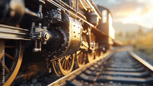 A closeup view of a vintage steam locomotives wheels and machinery, set against a backdrop of a railway track