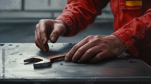 A worker in a red uniform is using a wrench on a metal surface.