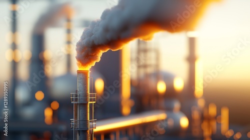 Industrial Complex at Sunset with Smokestack Emitting Pollution