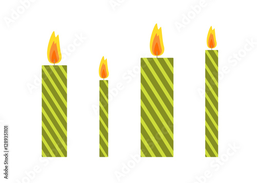 Festive candles set hand drawn flat vector illustration, colorful holiday celebration collection of decorated objects of different sizes for birthday, wedding, Christmas, any other purpose