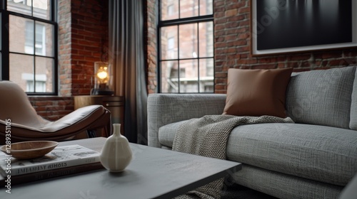 A cozy living room with a gray sofa, coffee table, and brick wall, featuring large windows and warm lighting.