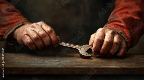 A pair of weathered hands holding a rusty wrench over a wooden surface.