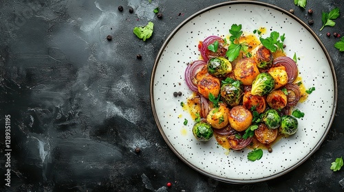 Wallpaper Mural Roasted Brussels sprouts, scallops, onions on plate Torontodigital.ca
