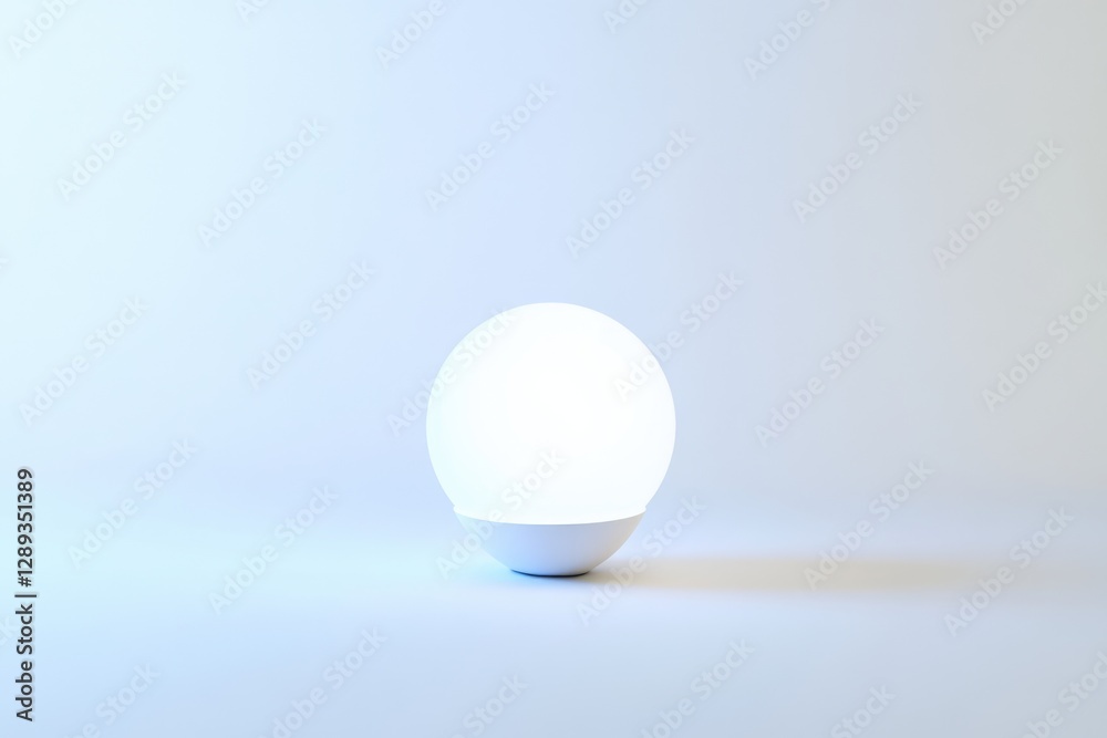 A minimalist white spherical lamp emits soft light against a pale blue background. A minimalist white spherical lamp emits soft light against a pale blue background.