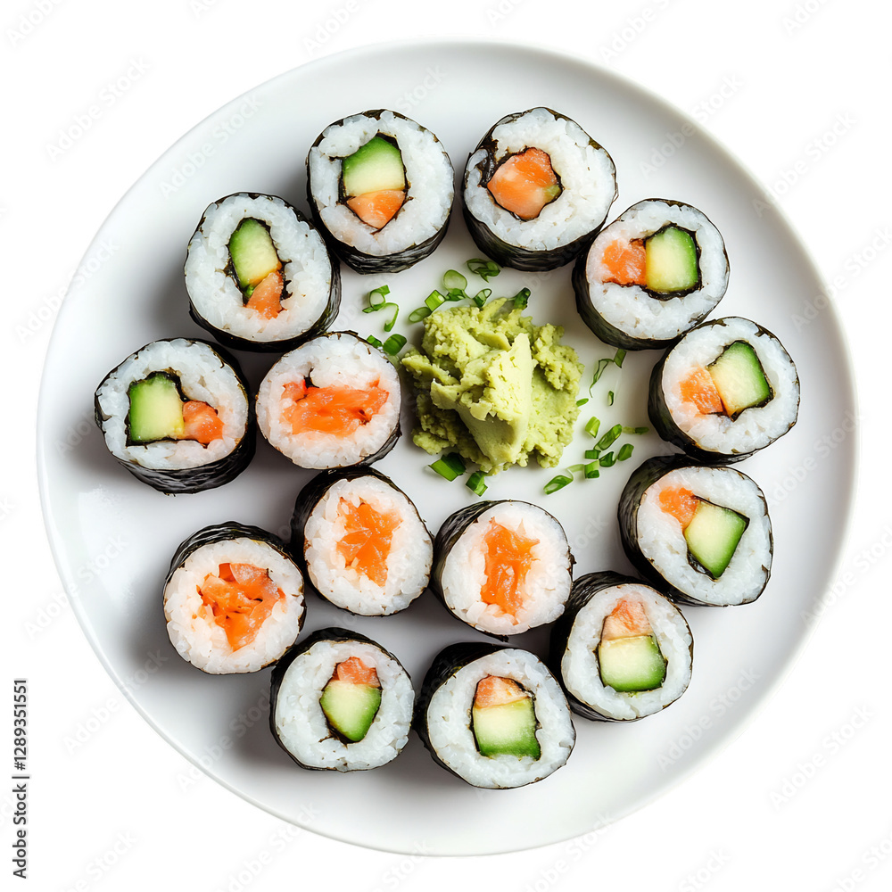 A Vibrant Plate of Sushi Rolls with Wasabi and Soy Isolated on Transparent Background