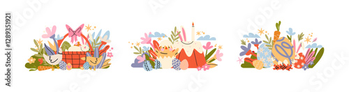 Easter cartoon illustrations in 90s retro style. Spring elements, rabbits, eggs, Christian holiday, Easter baskets, flowers. Vector groovy doodle shapes