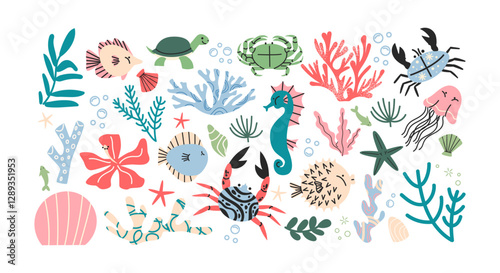 Set stickers with sea animals fish and corals. Cartoon underwater set. Ocean plants, whale, shark. Retro doodle groovy design