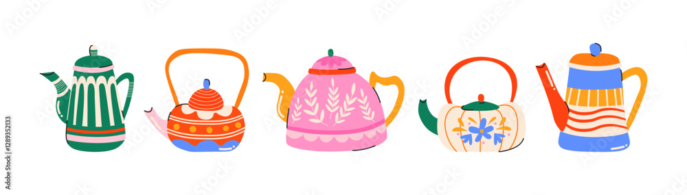 Set teapots for tea and coffee. Cartoon doodle kitchen mugs with patterns and drawings in retro style. Tea ceremony, porcelain tableware vector stickers	