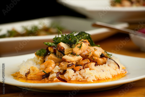 Shrimp with rice and some cilantro on top