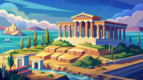 Greece travel and landmarks . antique temple of Orfeas in Aegina island, the prototipe of Acropolis. Saronics gulf.
