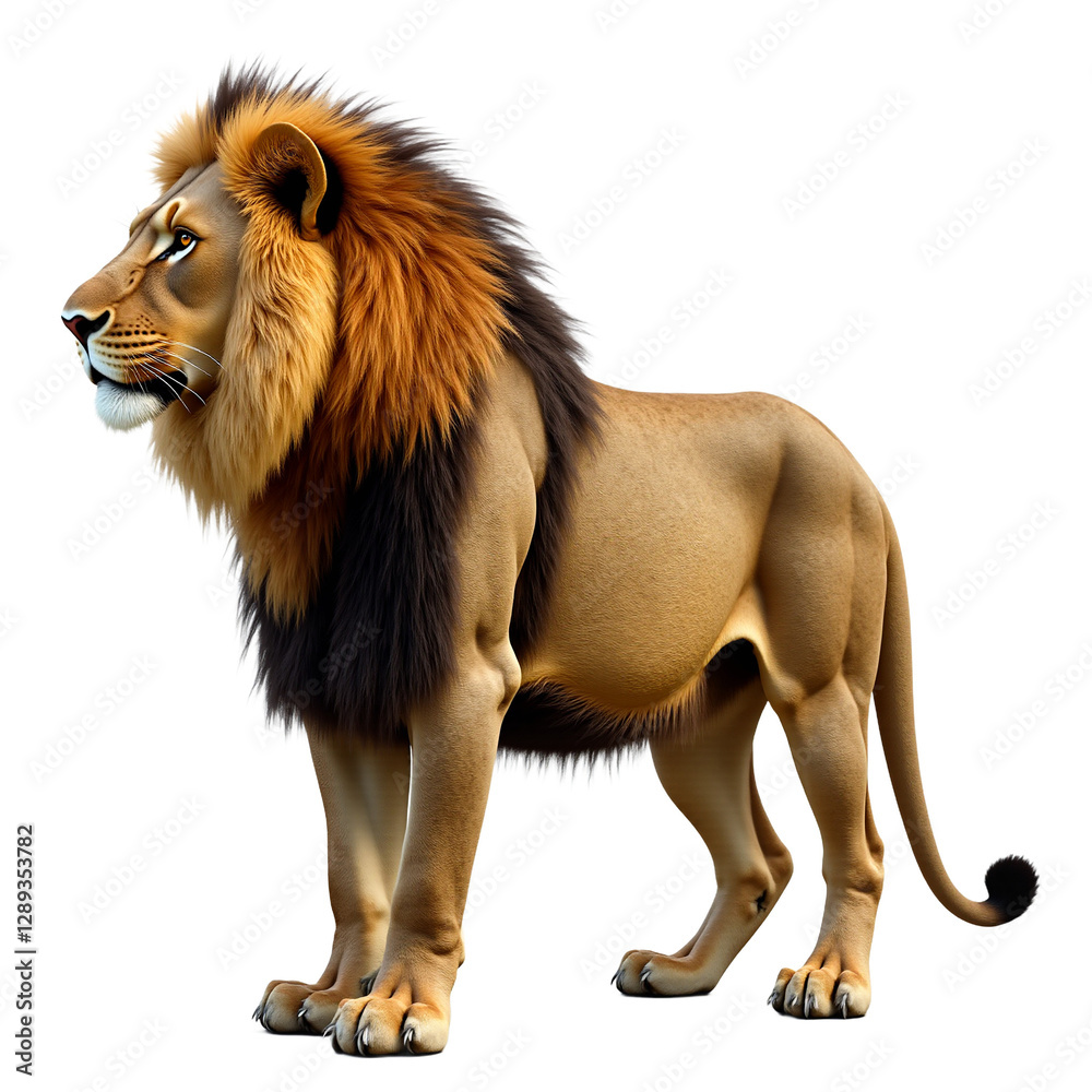 Obraz premium Majestic male lion portrait isolated on transparent background cutout. Regal African animal with detailed golden mane. Ideal for wildlife, strength & branding designs.