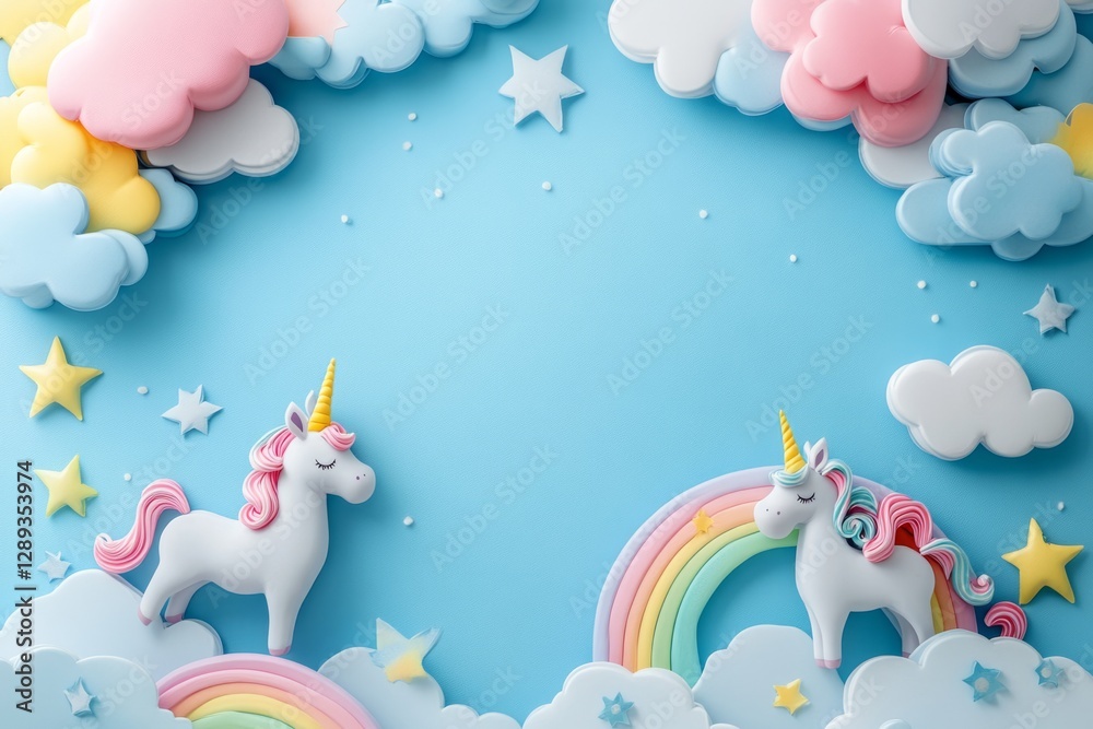 Fototapeta premium Two white unicorns with pink manes and tails are standing on rainbows in a blue sky with pastel clouds and stars, creating a dreamy and magical scene