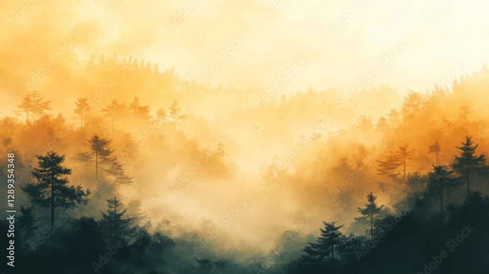 Naklejka premium Golden sunlight illuminates misty landscape with tall evergreen trees