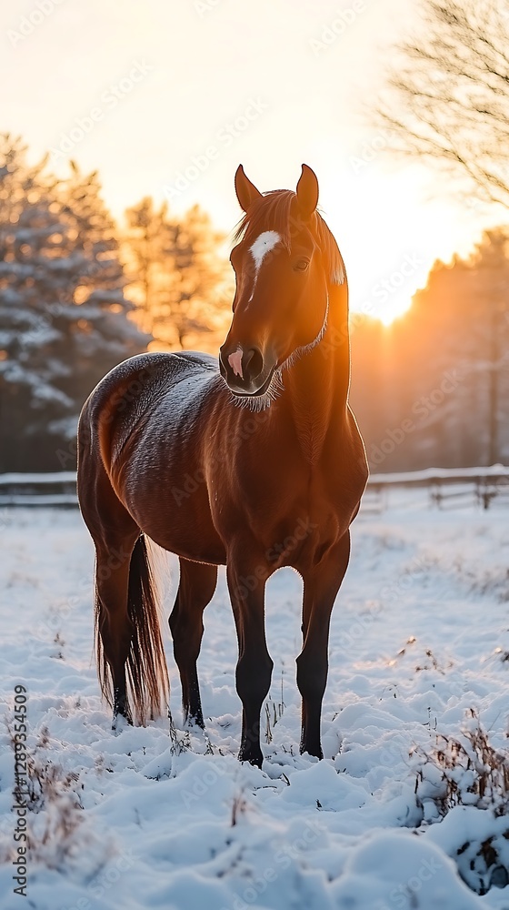 Horse in snowy field at sunset Horse in snowy field at sunset