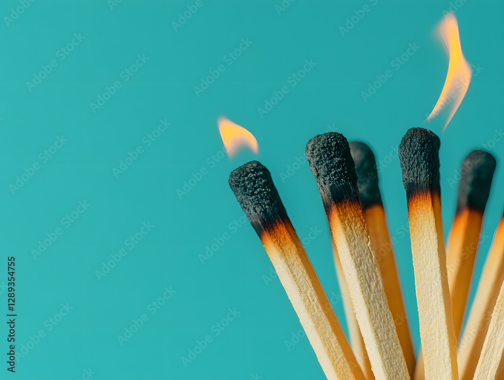 Burning Matches Against a Solid Teal Background Depicting Energy and Heat Burning Matches Against a Solid Teal Background Depicting Energy and Heat