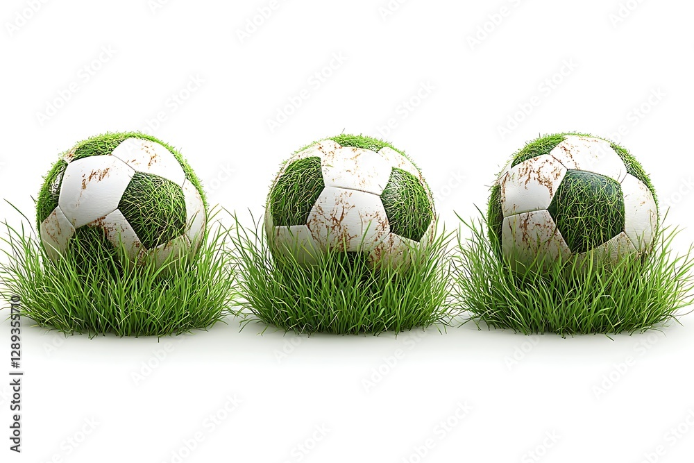 Fototapeta premium Three Used Soccer Balls Nestled in Fresh Green Grass