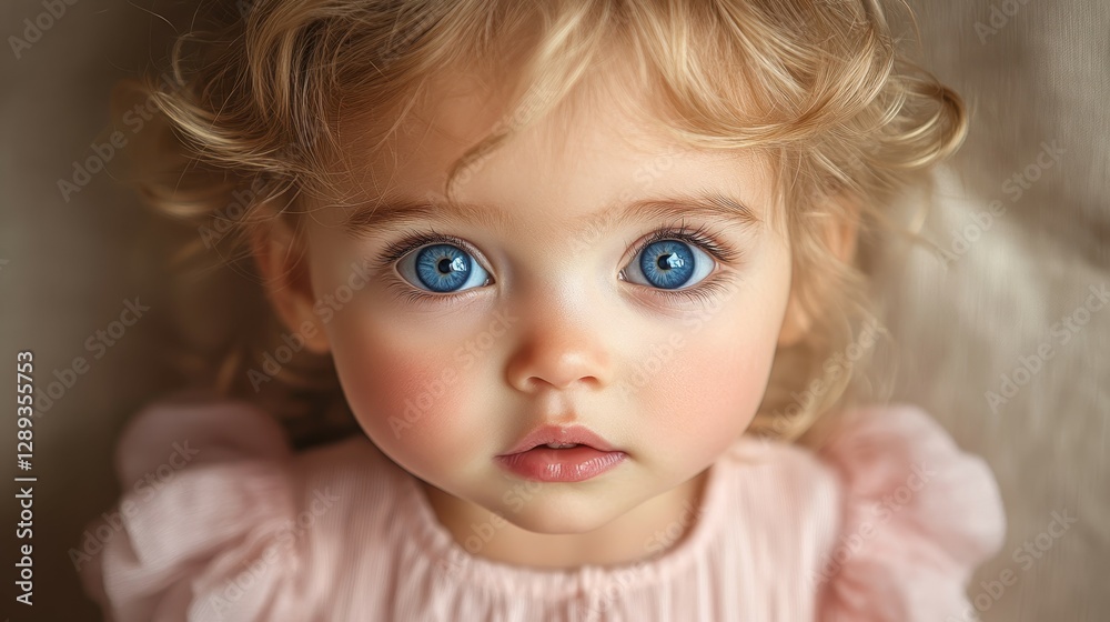 A young girl with beautiful blue eyes and curly blonde hair sits quietly, looking intensely into the camera. She wears a soft pink outfit, radiating innocence and charm in a cozy indoor setting A young girl with beautiful blue eyes and curly blonde hair sits quietly, looking intensely into the camera. She wears a soft pink outfit, radiating innocence and charm in a cozy indoor setting