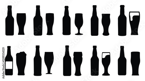 Beer Bottle and Glass Icon Set - Brewery Silhouettes, Alcohol Beverage Vector Collection