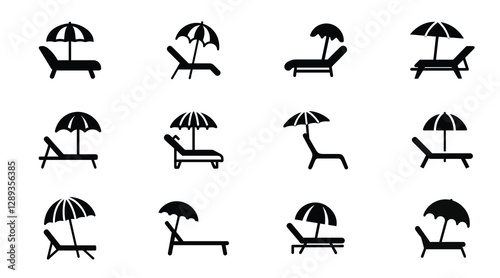 Beach Chair and Umbrella Icon Set - Summer Vacation, Seaside Relaxation, Vector Silhouettes