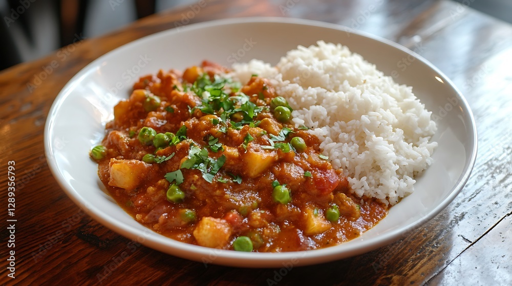 Dupiaza curry with pilau rice sat on wooden table Dupiaza curry with pilau rice sat on wooden table