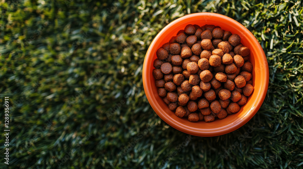 Fototapeta premium Orange bowl of dog food on grassy surface in sunlight.