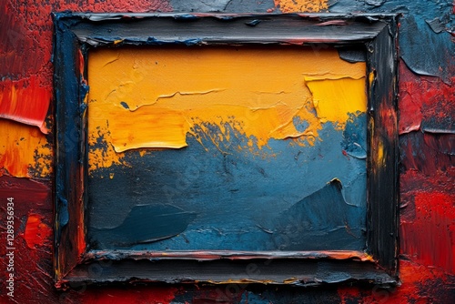 Abstract oil painting with thick impasto strokes of yellow and blue inside a black frame on a vibrant red textured background