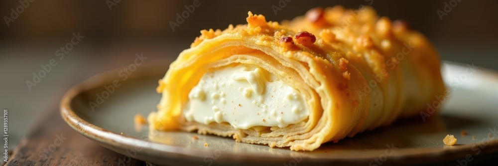 Shredded phyllo pastry wrapped around cream cheese filling, turkish, shredded Shredded phyllo pastry wrapped around cream cheese filling, turkish, shredded