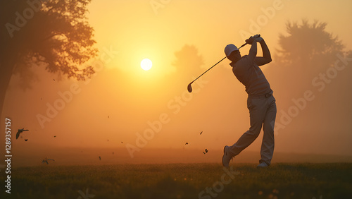 Perfect golf swing silhouette. Early morning fog golf photography. Ultra realistic golfer swing capture. Stunning golf swing image against fog.