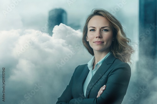 Confident businesswoman with arms crossed, standing against a cloudy cityscape backdrop. photo