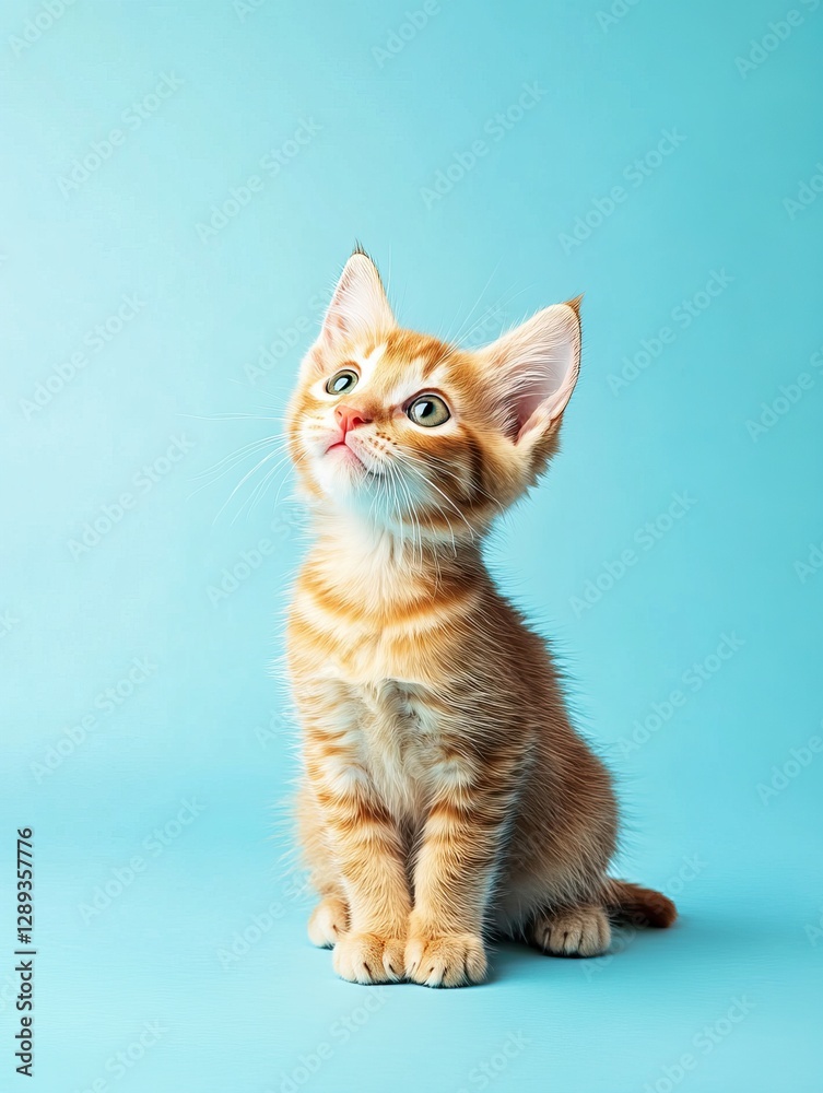 A playful red cat puppy on the blue background A playful red cat puppy on the blue background