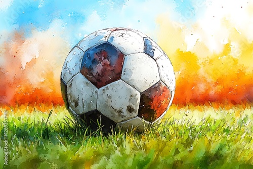 Fototapeta Naklejka Na Ścianę i Meble -  Watercolor Soccer Ball on Grass Field at Sunset