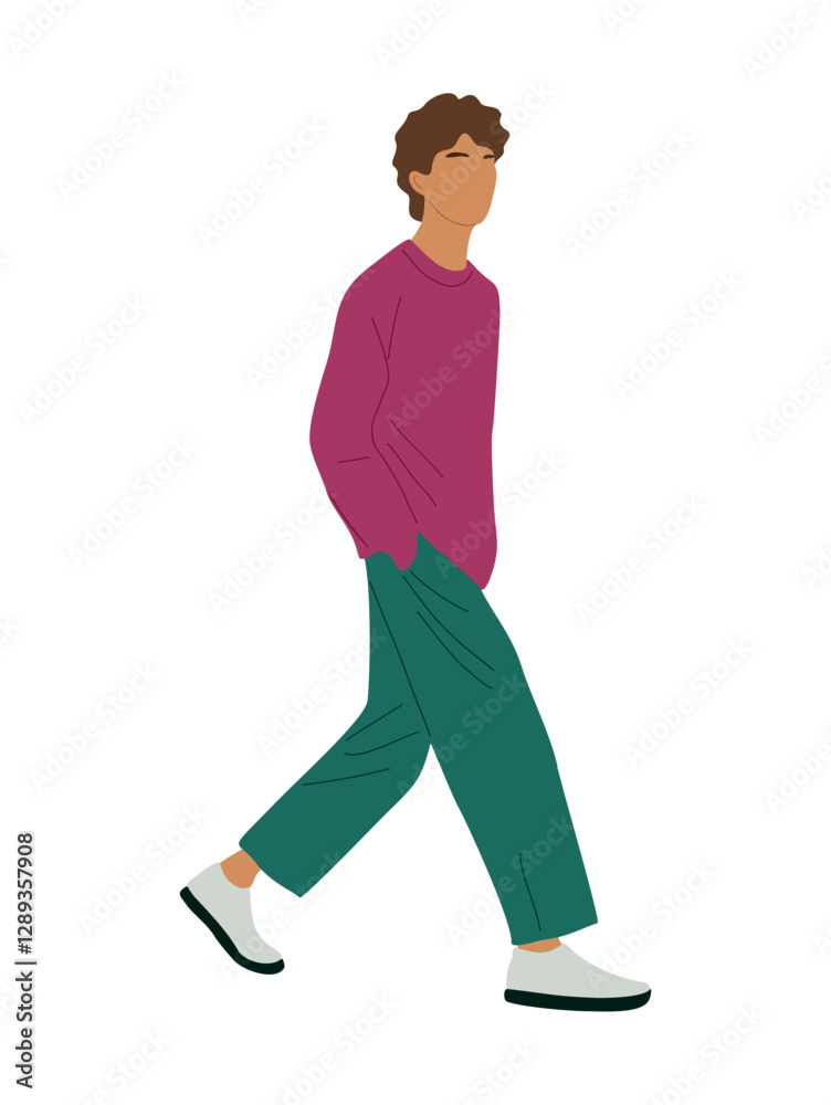 Young man walking. Handsome stylish guy in street fashion modern clothes side view. Cartoon male character Vector realistic illustration isolated Young man walking. Handsome stylish guy in street fashion modern clothes side view. Cartoon male character Vector realistic illustration isolated