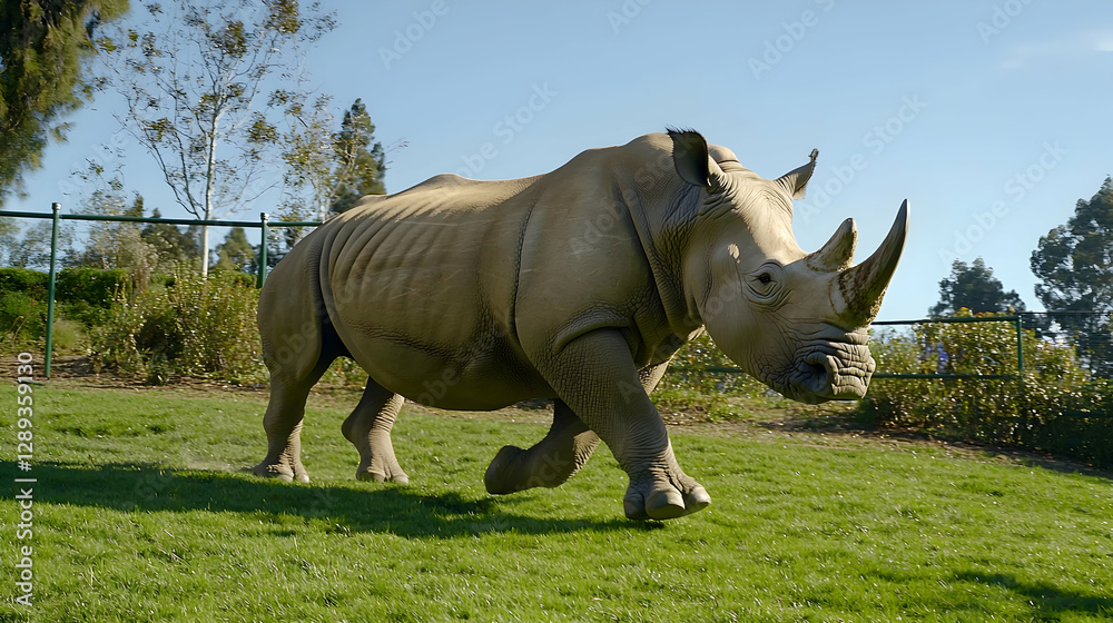 Fototapeta premium Rhino charging across grassy park hill, sunny day, fenced background, wildlife conservation imagery