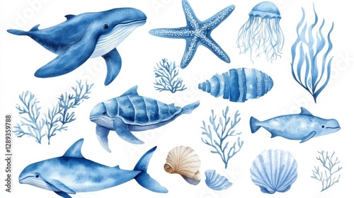 Watercolor illustration of ocean creatures and marine plants photo