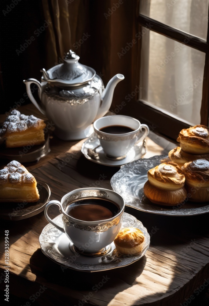 Fototapeta premium elegant coffee arrangement rich textures playful shadows creating inviting atmosphere relaxation enjoyment, cup, saucer, beans, steam, warmth, ambiance